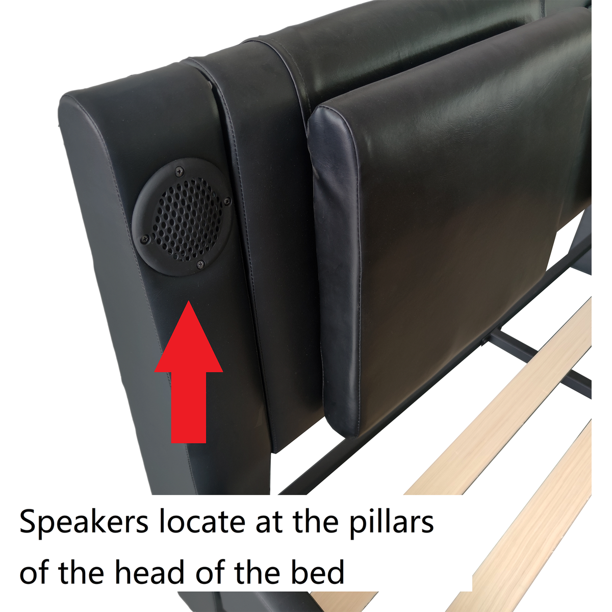 Faux Leather Upholstered Platform Bed Frame with led lighting, Bluetooth connection to play music control, Backrest vibration massage, Curve Design, Wood Slat Support, Exhibited Speakers,King Size