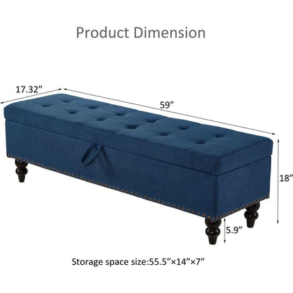 59" Bed Bench with Storage Blue Fabric