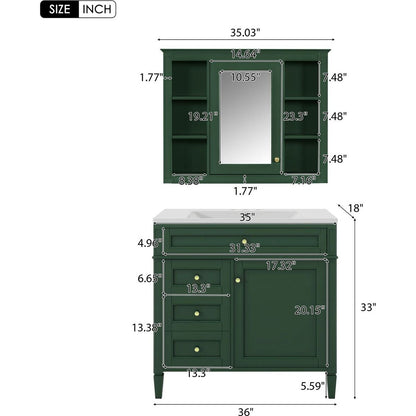 36" Bathroom Vanity with Medicine Cabinet, Royal Blue Mirror Cabinet, Modern Bathroom Storage Cabinet with 2 Soft Closing Doors and 4 Drawers, Single Sink Bathroom Vanity