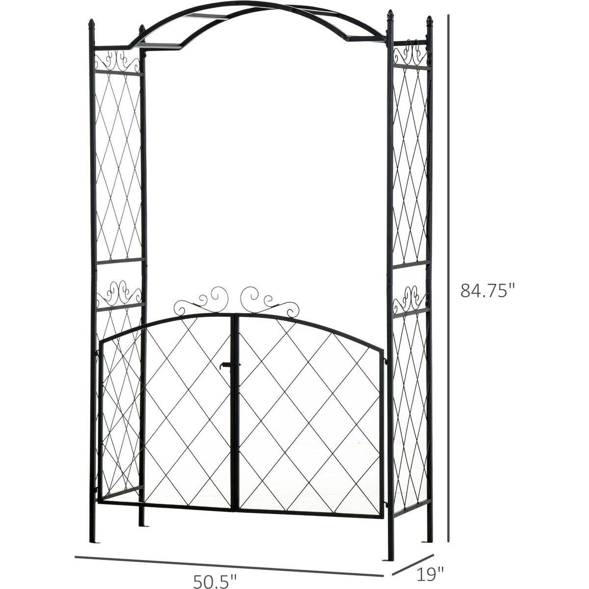 85" Garden Arch Arbor, Metal Arch Trellis with Gate, Garden Archway for Climbing Vines, Wedding Ceremony Decoration, Black