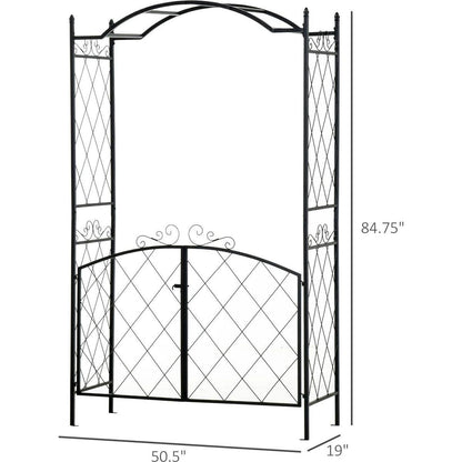 85" Garden Arch Arbor, Metal Arch Trellis with Gate, Garden Archway for Climbing Vines, Wedding Ceremony Decoration, Black
