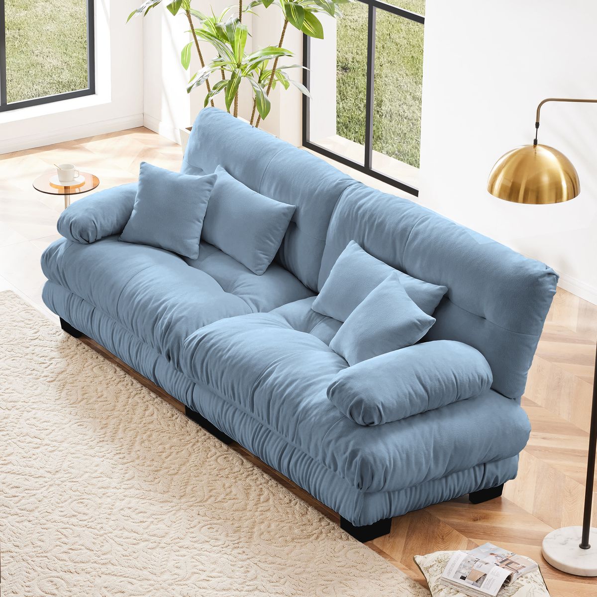 Cloud Couch 2 Seater Sofa for Living Room, Chenille 2 - Seat sofa with 2 Lumbar pillows and 2 throw pillows,Chenille Blue