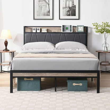 Queen Size Metal Platform Bed Frame with upholstery storage function Headboard and USB LINER and Footboard, No Box Spring Needed, Large Under Bed Storage, Easy Assemble