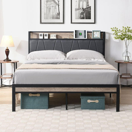 Queen Size Metal Platform Bed Frame with upholstery storage function Headboard and USB LINER and Footboard, No Box Spring Needed, Large Under Bed Storage, Easy Assemble