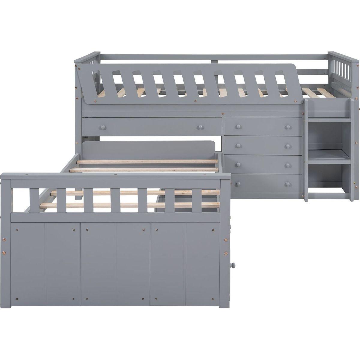 L-shaped Space-Saving Twin Loft and Twin Platform Bed with 7 Drawers and Full Guardrails(GRAY)