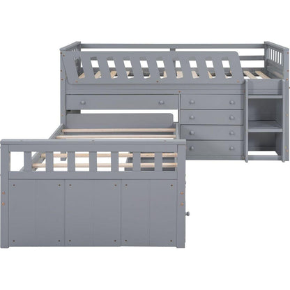 L-shaped Space-Saving Twin Loft and Twin Platform Bed with 7 Drawers and Full Guardrails(GRAY)