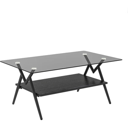 Rectangle Coffee Table with Tempered Glass top and Black MDF Shelf, Modern Table for Living Room, Gray Glass
