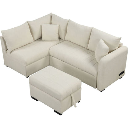 82.6" L-shaped Sectional Pull Out Sofa Bed Sleeper Sofa with Two USB Ports, Two Power Sockets and a Movable Storage Ottoman, Beige