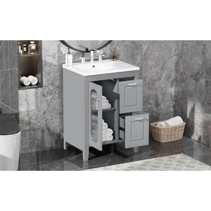 24" Bathroom Vanity with Sink, Bathroom Vanity Cabinet with Two Drawers and Door, Adjustable Shelf, Solid Wood and MDF, Grey