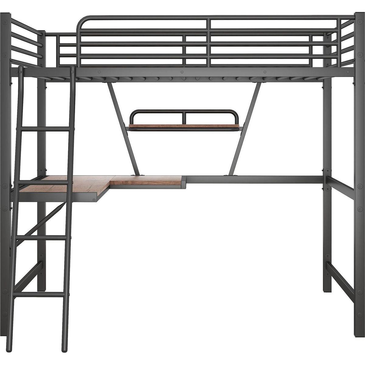 Full Size Loft Metal&MDF Bed with Desk and Shelf, Black