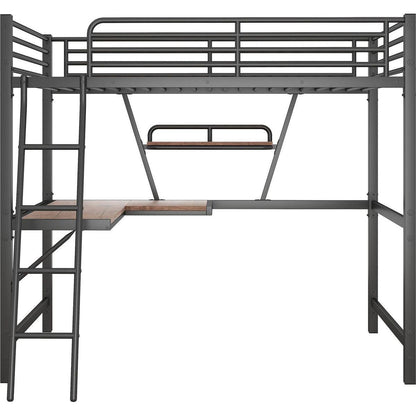 Full Size Loft Metal&MDF Bed with Desk and Shelf, Black