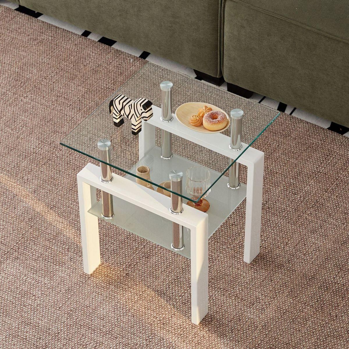 White Tempered Clear Glass End Table, 2-Layers Small Table with Storage, Living Room Side Table