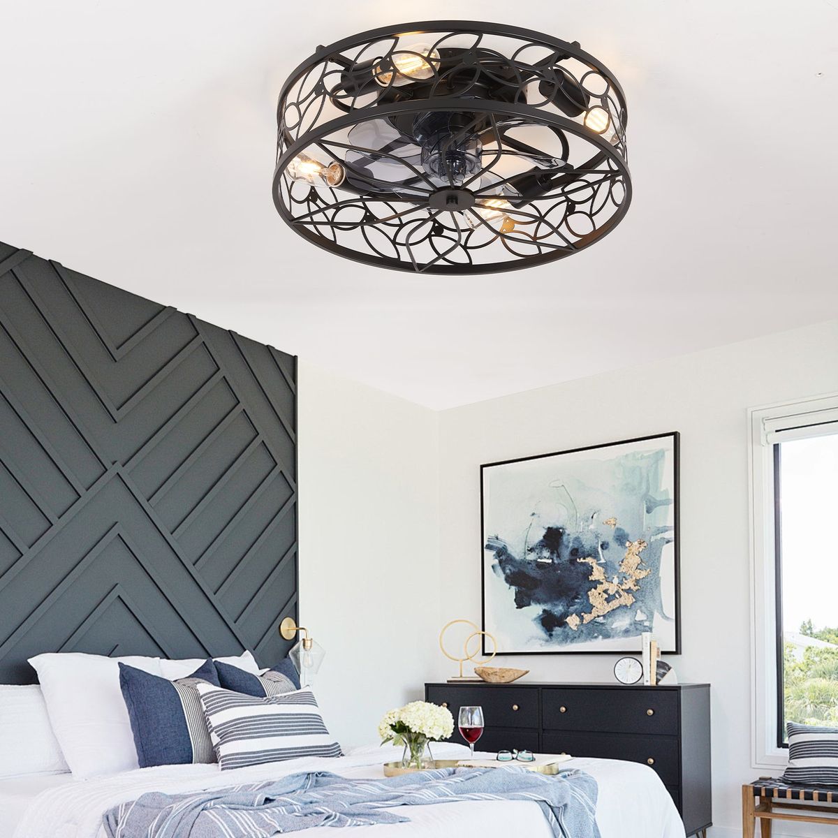 18-inch Black Vintage Caged Ceiling Fan Light – Quiet Operation, Remote Control, Industrial Style for Living Room, Bedroom, and Kitchen (Bulb Not Included)