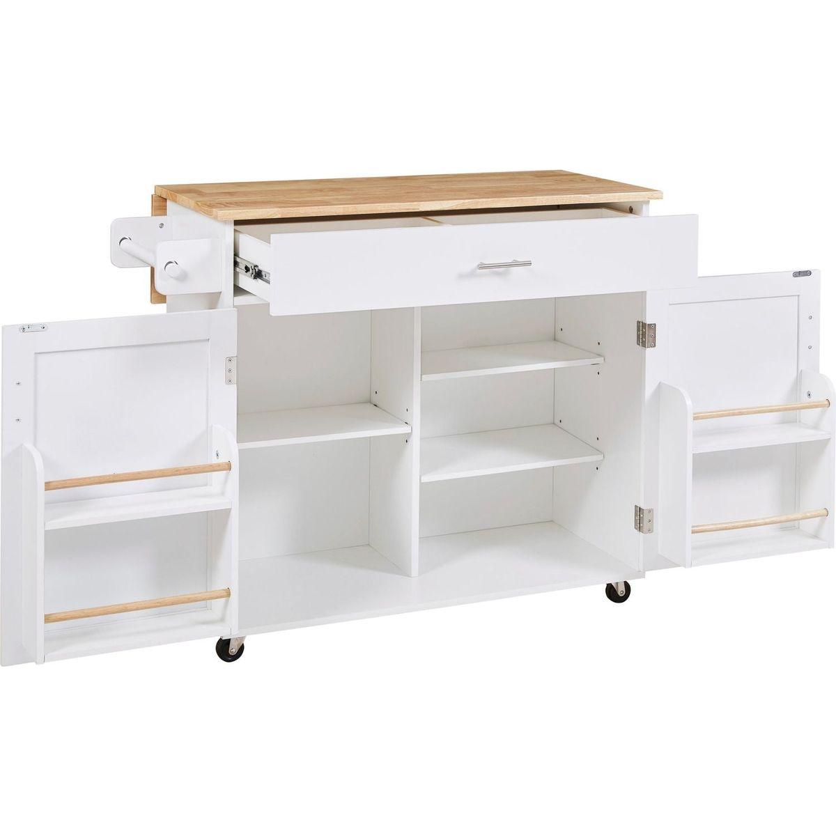 Rolling Kitchen Island with Storage, Kitchen Cart with Rubber Wood Top, Spacious Drawer with Divider and Internal Storage Rack, Kitchen Island on Wheels with Adjustable Shelf Tower Rack, White