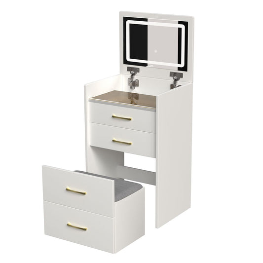 Compact 3 in 1 Vanity Desk with Open Top Mirror, Glass Desktop, White MDF, 50.39' Height