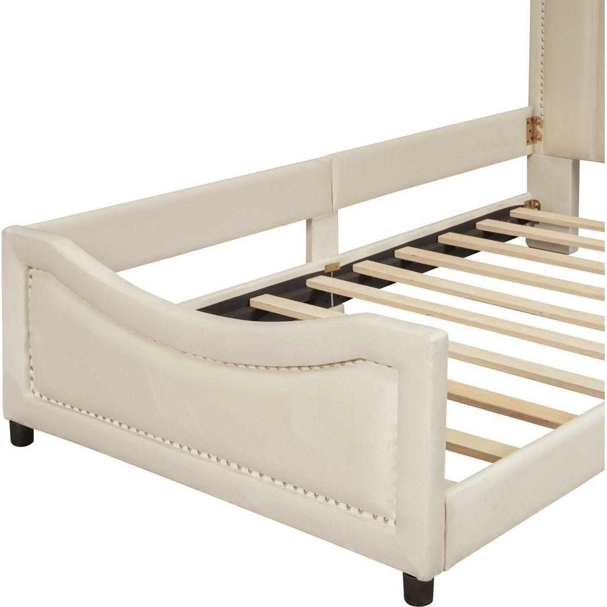 Twin Size Upholstered Daybed with Classic Stripe Shaped Headboard, Beige