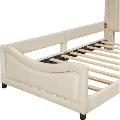 Twin Size Upholstered Daybed with Classic Stripe Shaped Headboard, Beige