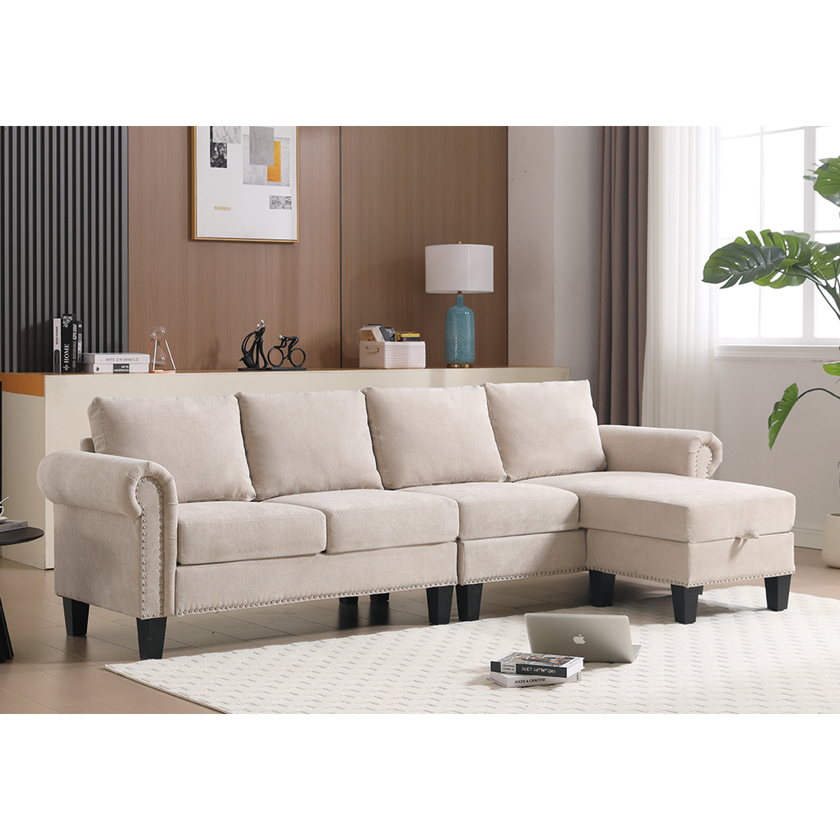 Convertible Sectional Sofa with Storage,L-shaped sofa,Four-seater sofa,Modern Linen Fabric Sectional Couches for Living Room, Beige