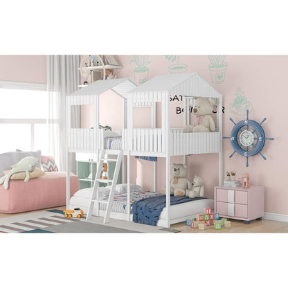 Full Over Full WoodBunk Bed with Roof, Window, Guardrail, Ladder(White)
