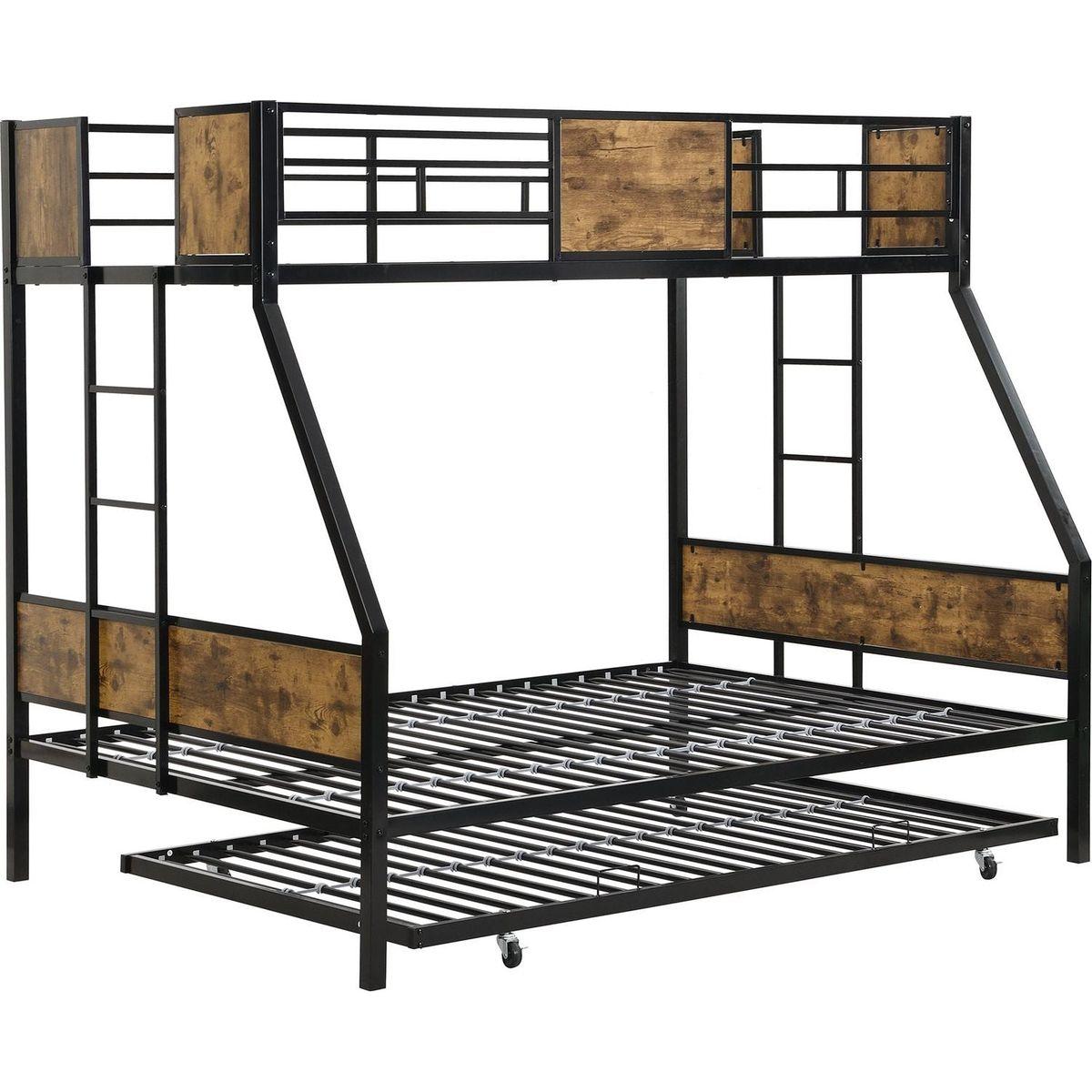Twin Over FULL Metal Bunk Bed with Trundle 2 - Side Ladder and Full-Length Guardrail, No Box Spring Needed, Large Under Bed Storage, Easy Assemble, Black & Brown