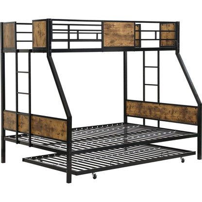 Twin Over FULL Metal Bunk Bed with Trundle 2 - Side Ladder and Full-Length Guardrail, No Box Spring Needed, Large Under Bed Storage, Easy Assemble, Black & Brown