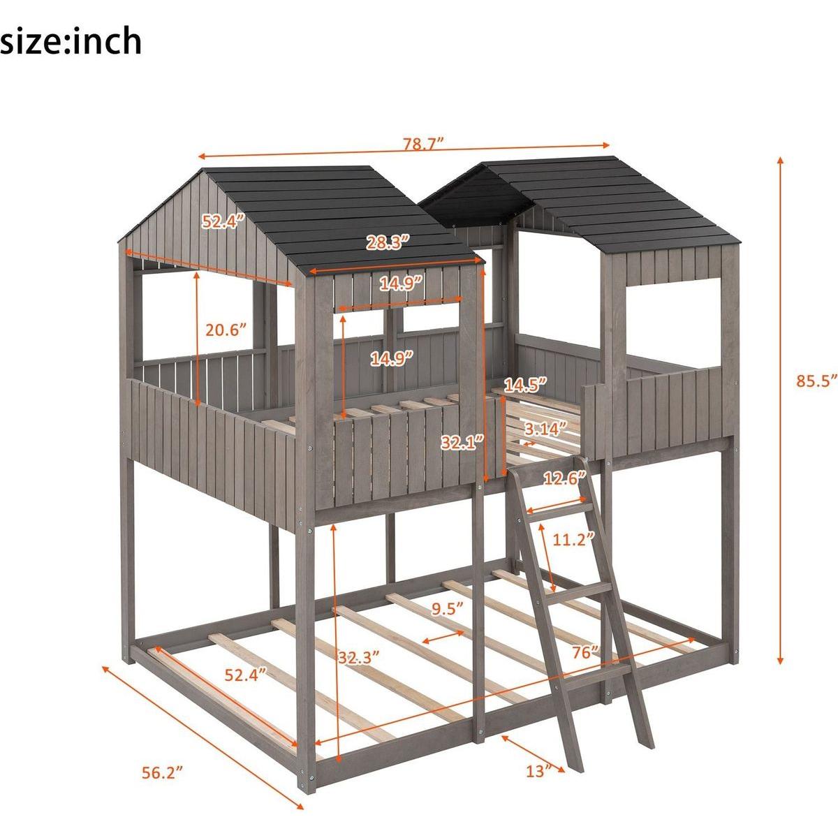 Full Over Full WoodBunk Bed with Roof, Window, Guardrail, Ladder(Antique Gray)