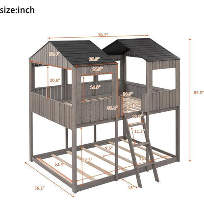 Full Over Full WoodBunk Bed with Roof, Window, Guardrail, Ladder(Antique Gray)