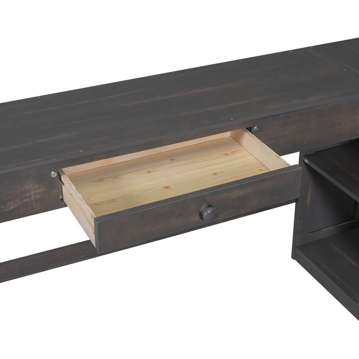 Full Size Loft Bed with U-shaped Desk, Drawers and Storage Shelves, Antique Brown