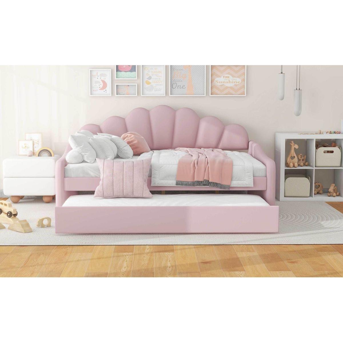Full Size Upholstery Daybed Frame with Shall Shaped Backrest and Trundle,Pink