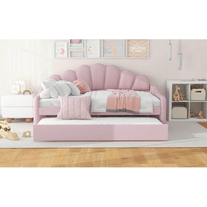 Full Size Upholstery Daybed Frame with Shall Shaped Backrest and Trundle,Pink