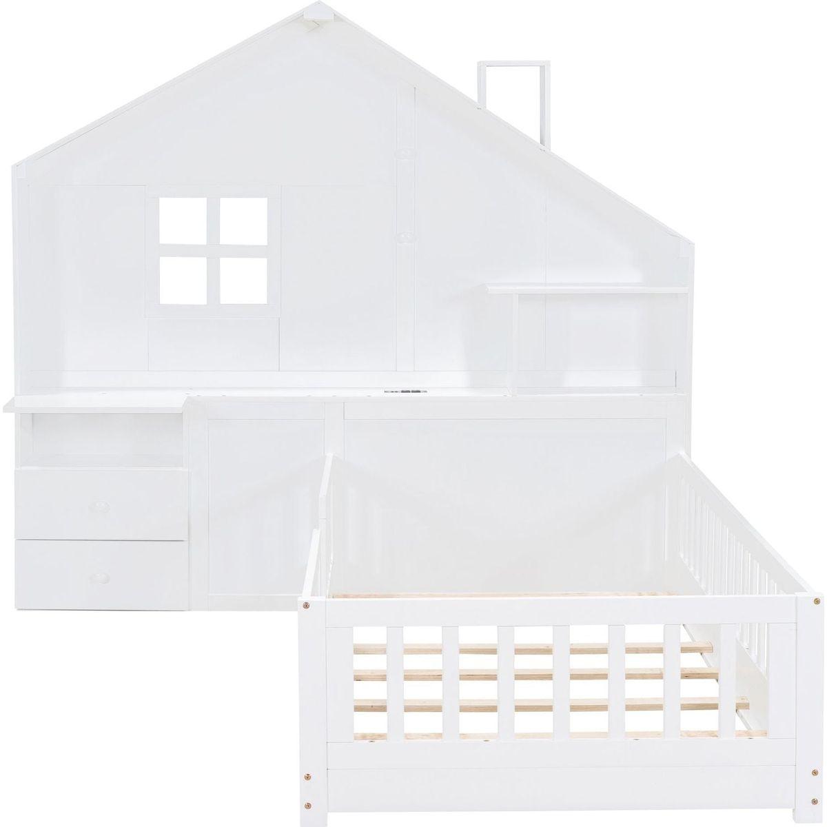 Twin Size House Bed with Window and Bedside Drawers, Platform Bed with Shelves and a set of Sockets and USB Port, White