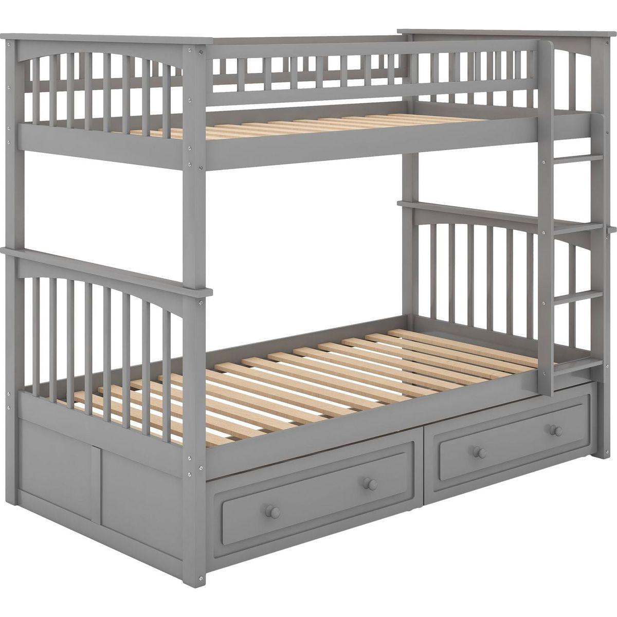 Twin over Twin Bunk Bed with Drawers, Convertible Beds, Gray