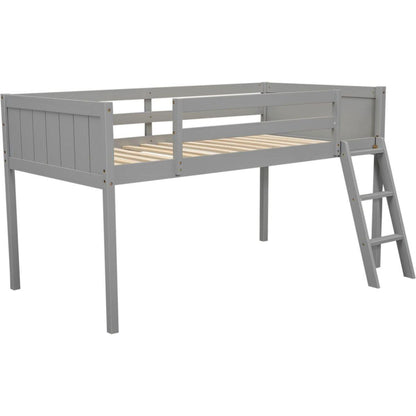 Twin Size Wood Low Loft Bed with Ladder, ladder can be placed on the left or right, Gray