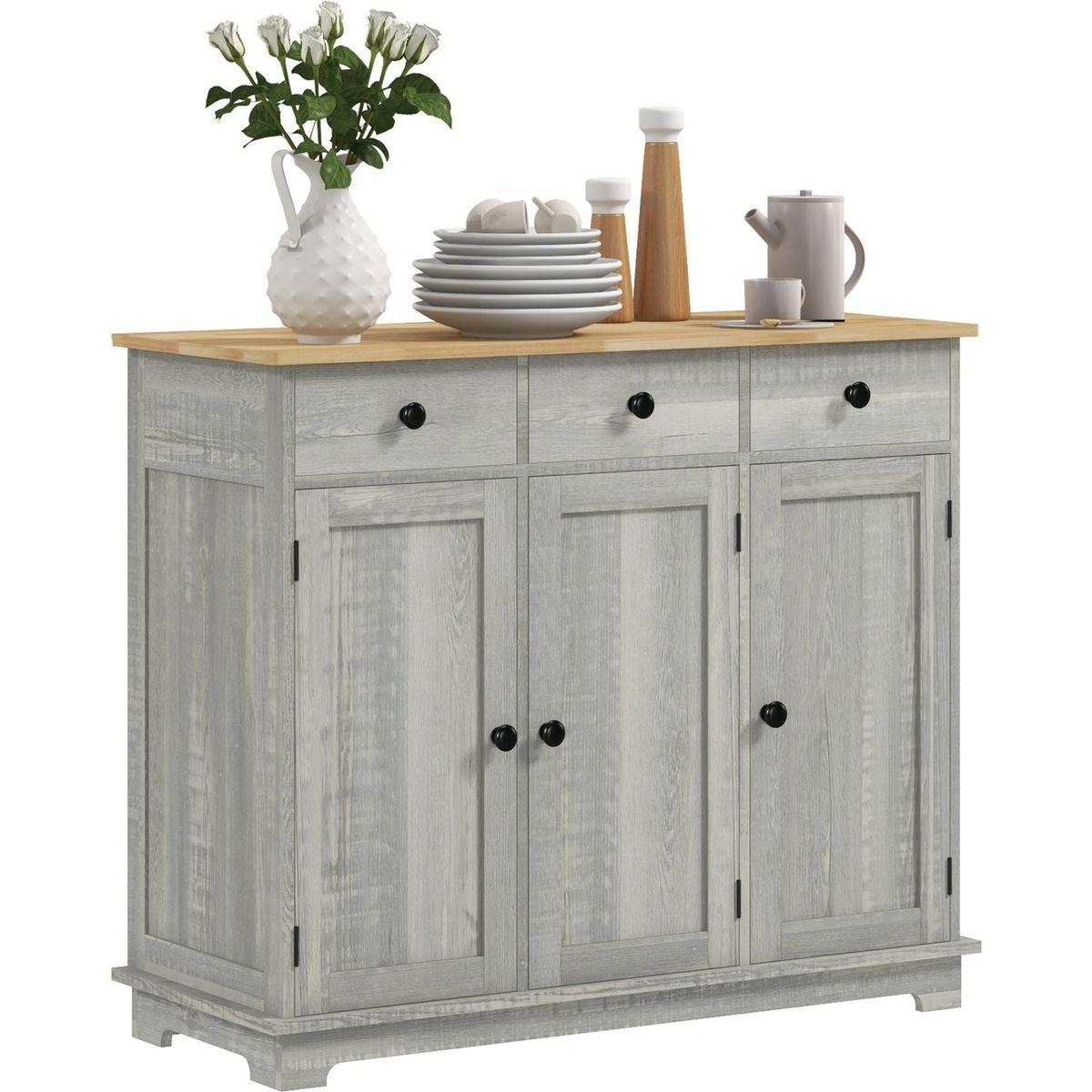Sideboard with Solid Wood Countertop, Modern Kitchen Storage Cabinet, Coffee Bar Cabinet with 3 Drawers, Doors and Adjustable Shelf, Distressed Light Gray