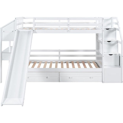 Twin over Twin Bunk Bed with Storage Staircase, Slide and Drawers, Desk with Drawers and Shelves, White