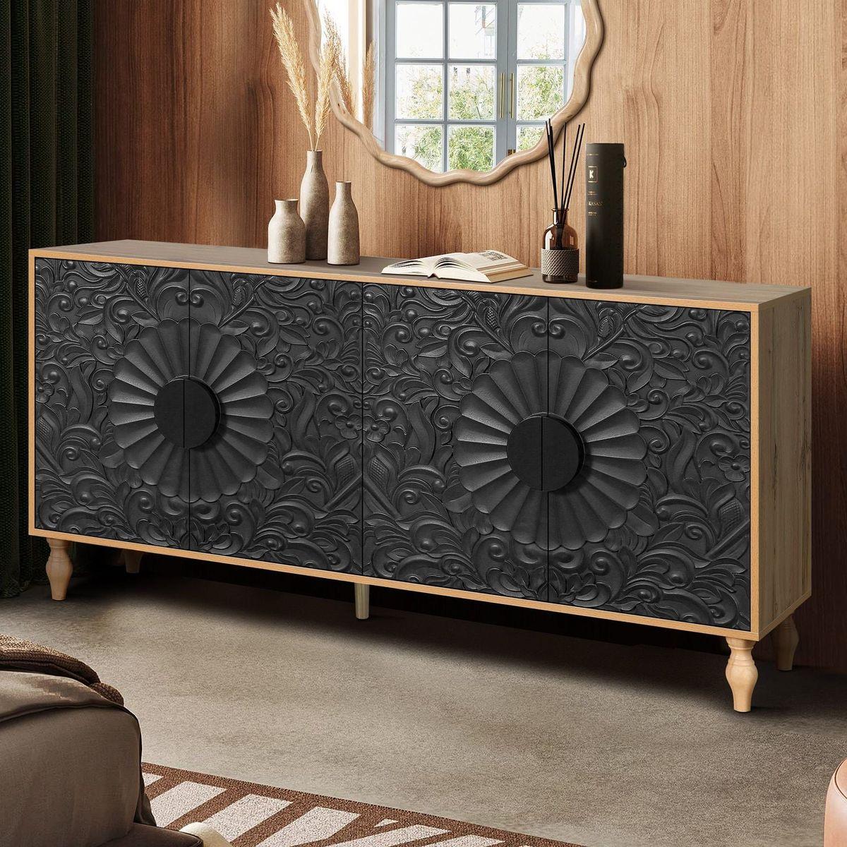 Black Carved Symmetrical Design Door And Wood Coloured Frame For TV Stand Table,Living Room, Entryway