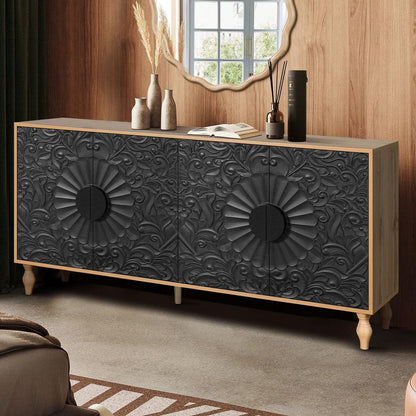Black Carved Symmetrical Design Door And Wood Coloured Frame For TV Stand Table,Living Room, Entryway