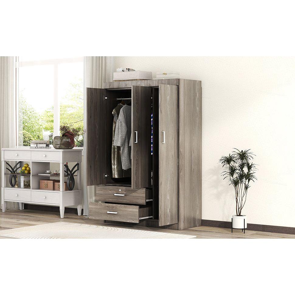 3-Door Wardrobe with 2 Drawers, Wood Grain Effect in Gray