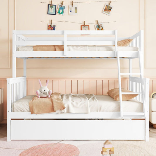 Twin Over Full Rubber Wood Bunk Bed with Trundle, Convertible Ladder and Guardrail, Detachable, Convertible Bed, with Twin Size Trundle ,White