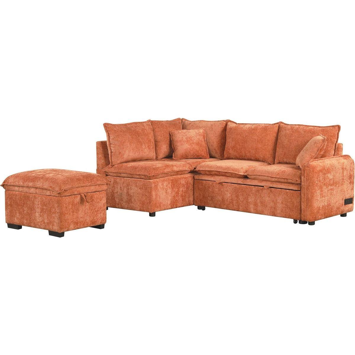 82.67"Convertible Sofa Bed Sectional Sofa Sleeper L-shaped Sofa with a Storage Ottoman,Two Pillows, Two Power Sockets and Two USB Ports for Living Room, Orange