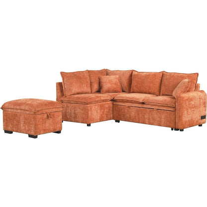 82.67"Convertible Sofa Bed Sectional Sofa Sleeper L-shaped Sofa with a Storage Ottoman,Two Pillows, Two Power Sockets and Two USB Ports for Living Room, Orange