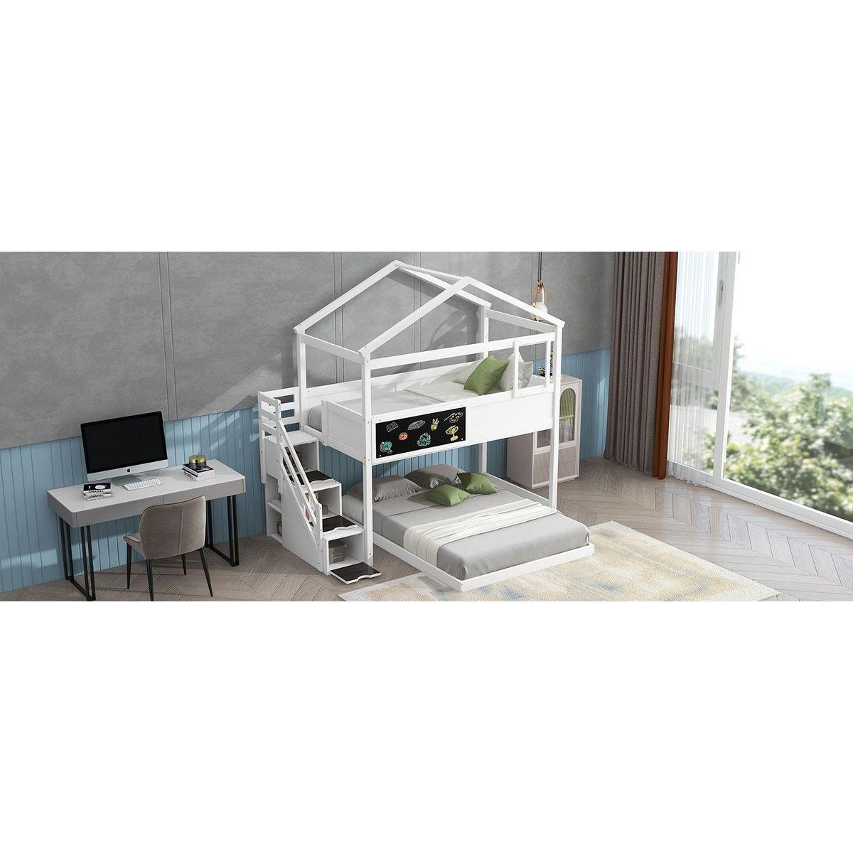Twin over Full House Bunk Bed with Storage Staircase and Blackboard,White