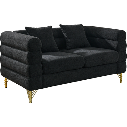 60Inch Oversized 2 Seater Sectional Sofa, Living Room Comfort Fabric Sectional Sofa-Deep Seating Sectional Sofa, Soft Sitting with 2 Pillows for Living Room, Bedroom, Office, Black teddy