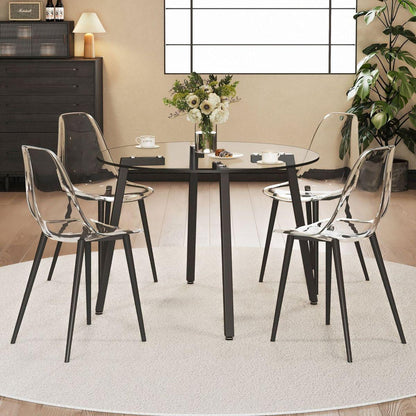 Modern simple style round transparent tempered glass table, black metal legs, 4-piece set of modern minimalist transparent dining chairs with black metal legs