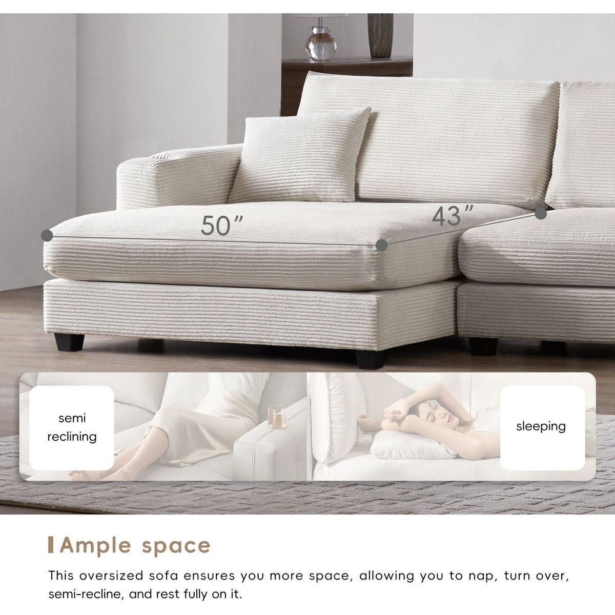 134x54"Oversized Corduroy Sectional Sofa,L Shaped Cloud Couch with USB Charging Port,Cup Holder,Deep Seat Sofa Bed with 50" Chaise,Comfy Indoor Furniture for Living Room,3 Colors