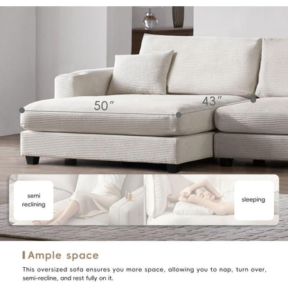 134x54"Oversized Corduroy Sectional Sofa,L Shaped Cloud Couch with USB Charging Port,Cup Holder,Deep Seat Sofa Bed with 50" Chaise,Comfy Indoor Furniture for Living Room,3 Colors