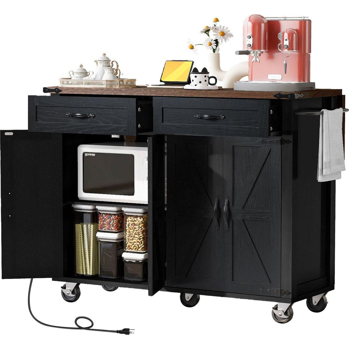 53.5"Farmhouse Kitchen Island with Power Outlet, Kitchen Storage Island with Drop Leaf, Spice Rack and Drawer, Rolling Kitchen Cart on Wheels, for Home, Kitchen and Dining Room, Black