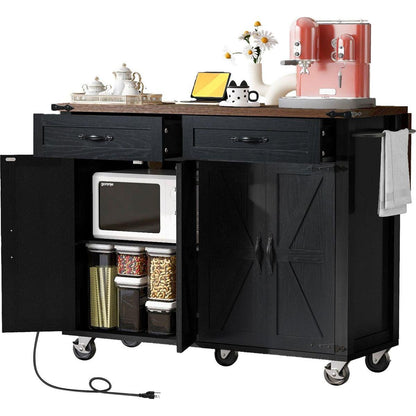 53.5"Farmhouse Kitchen Island with Power Outlet, Kitchen Storage Island with Drop Leaf, Spice Rack and Drawer, Rolling Kitchen Cart on Wheels, for Home, Kitchen and Dining Room, Black