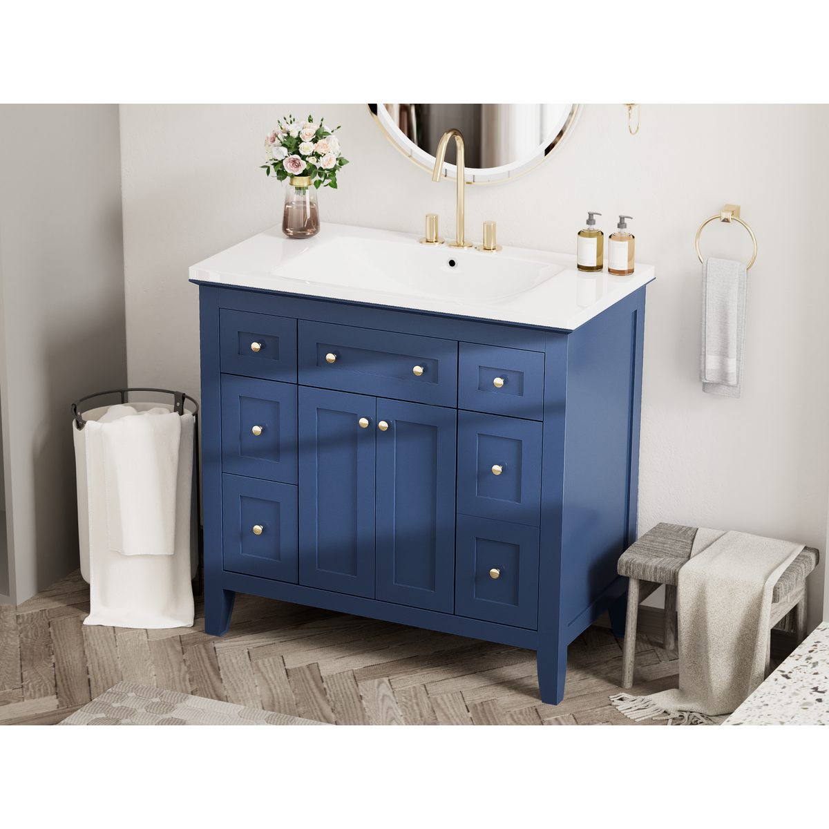 36" Bathroon Vanity with Resin Sink Combo Set, Modern Freestanding Single Bathroom Cabinet with 6 Drawers & 2 Cabinets, Storage Cabinet for Bathroom, Solid Wood Frame Vanity Set, Blue