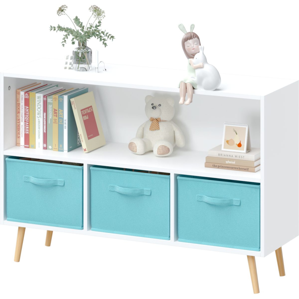 Kids bookcase with Collapsible Fabric Drawers, Children's Book Display, Toy Storage Cabinet Organizer, White/Blue